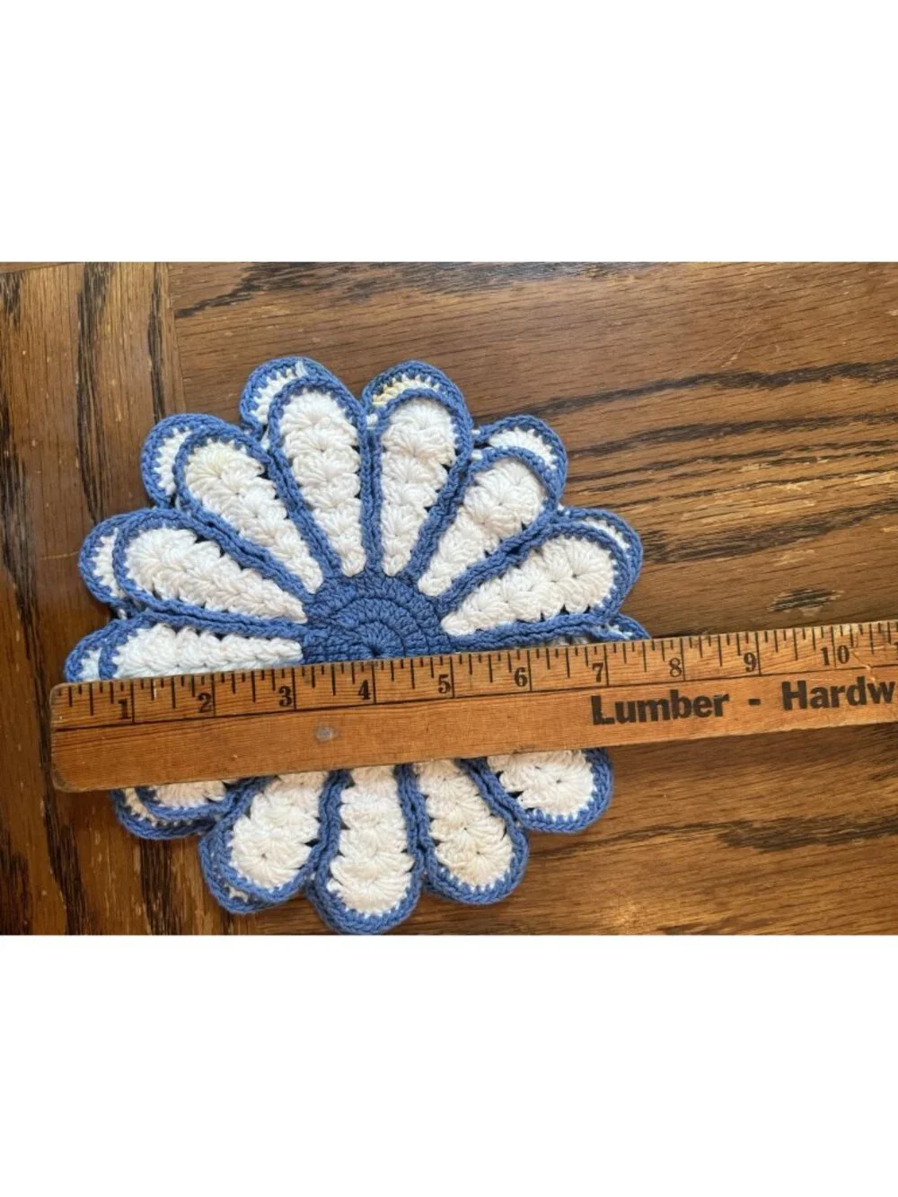 Vintage Handmade Crochet Daisy Pattern Doilies - Blue & Cream - Set Of 2 - 8 Inc